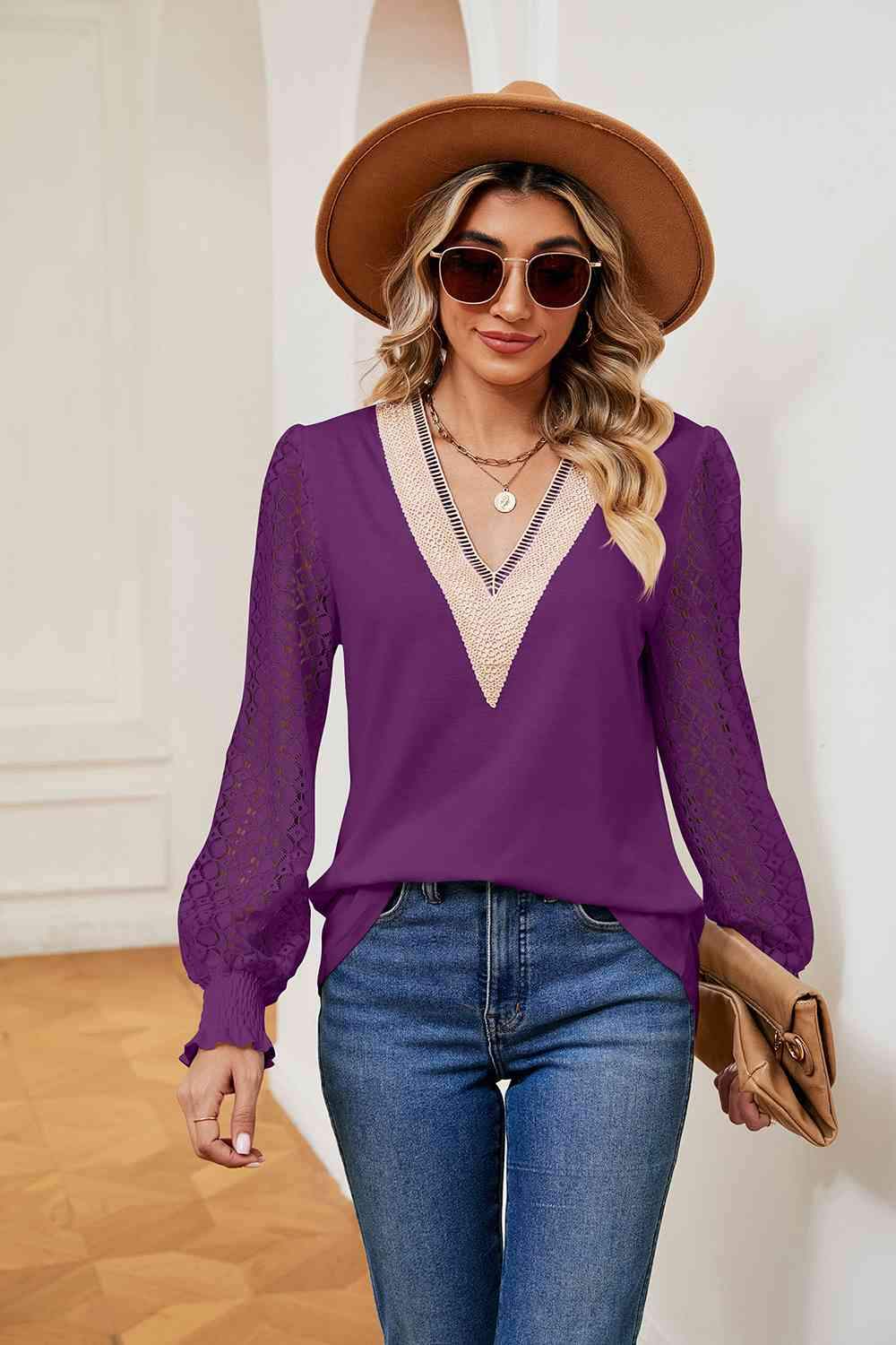 Contrast V-Neck Long Sleeve Blouse Blouses - Tophatter Daily Deals