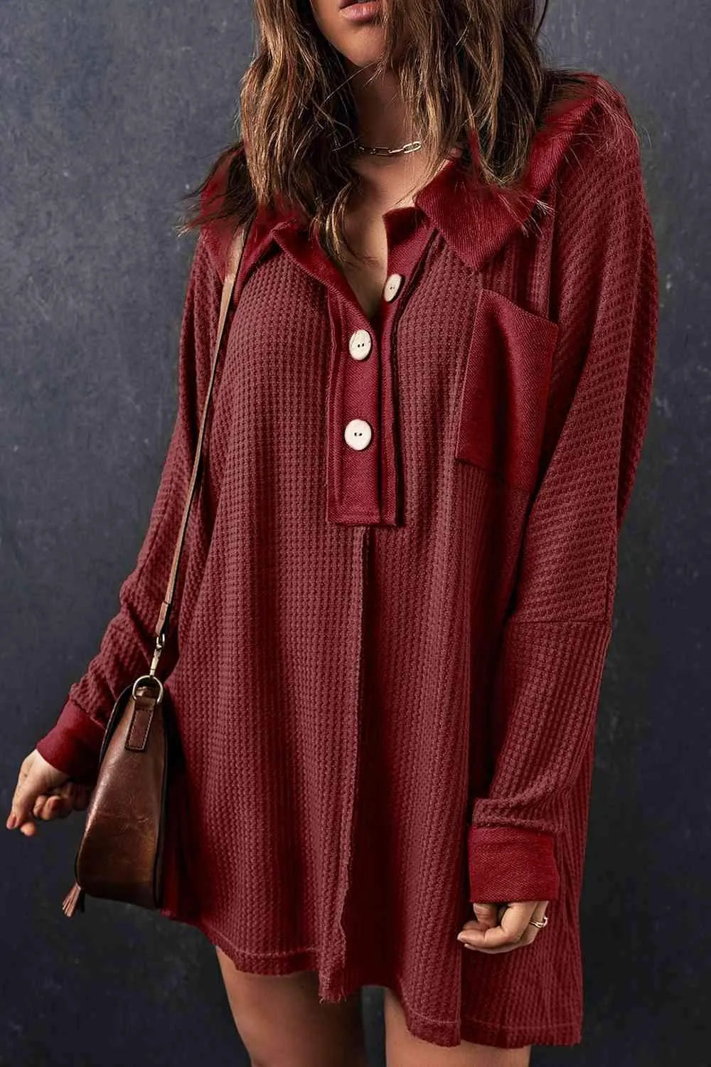 Waffle Knit Buttoned Long Sleeve Top with Breast Pocket Wine Blouses - Tophatter Daily Deals