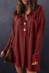 Waffle Knit Buttoned Long Sleeve Top with Breast Pocket Wine Blouses - Tophatter Daily Deals