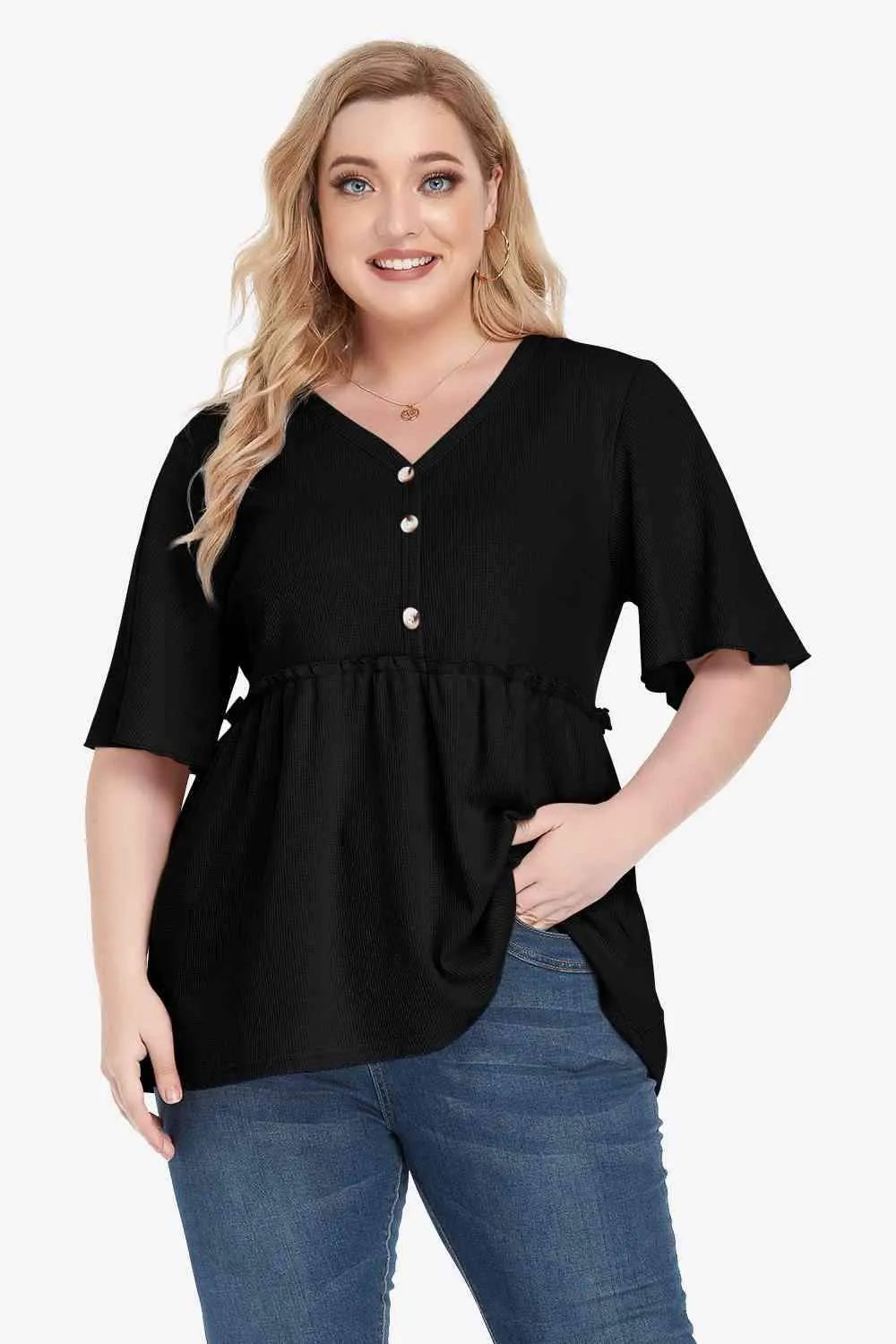 Plus Size Buttoned V-Neck Frill Trim Babydoll Blouse Blouses - Tophatter Daily Deals