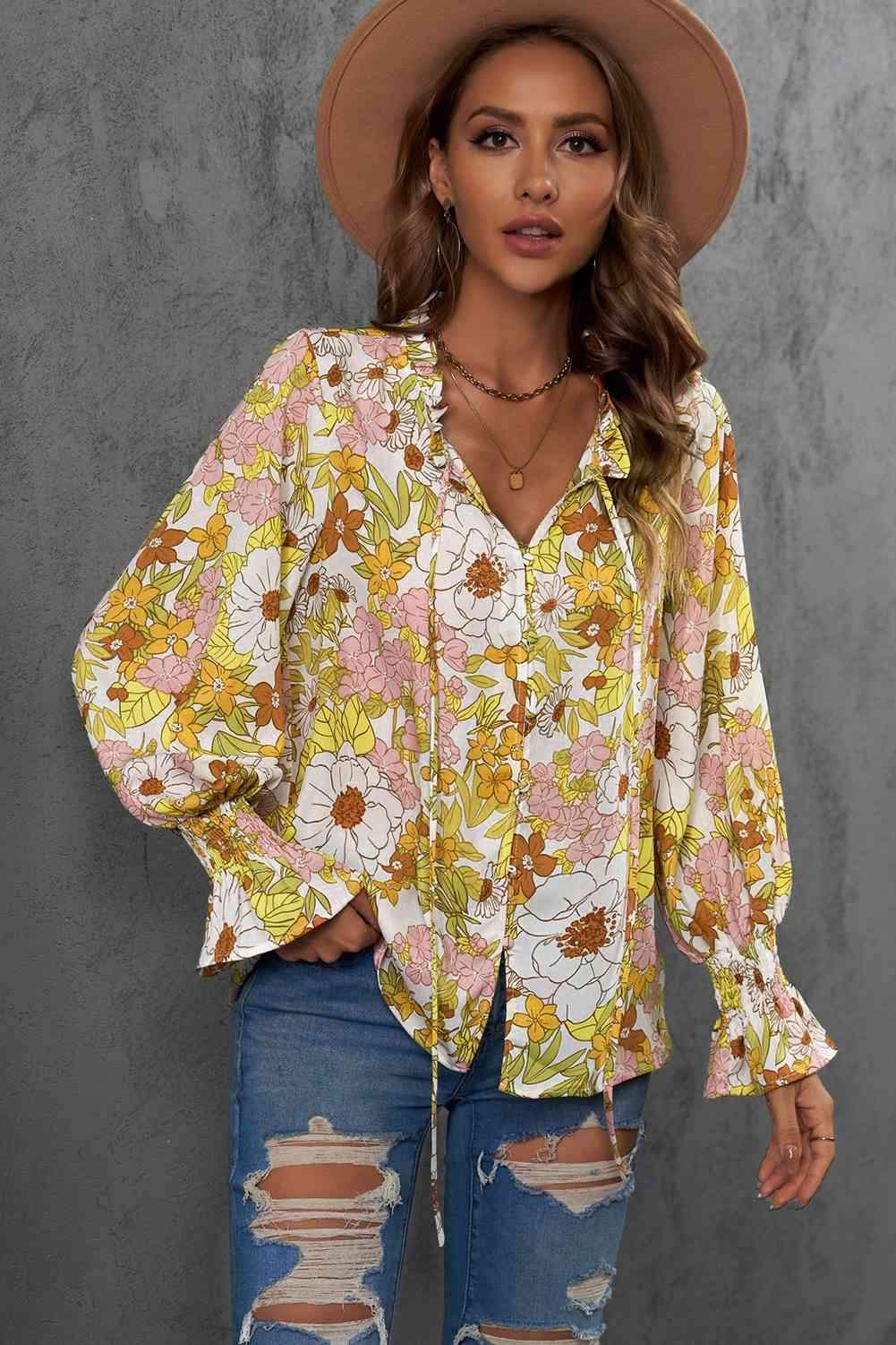 Floral Frill Trim Tie Neck Flounce Sleeve Blouse Yellow Blouses - Tophatter Daily Deals