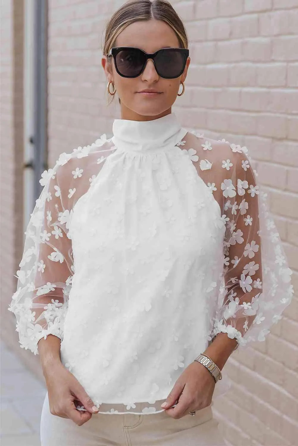 Mock Neck Long Sleeve Applique Blouse Blouses - Tophatter Daily Deals