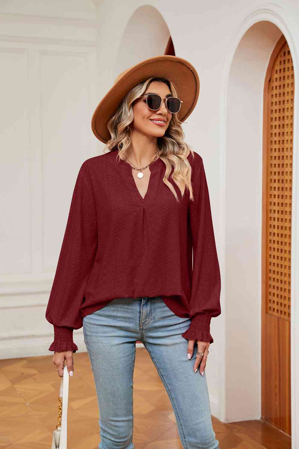 Notched Neck Flounce Sleeve Blouse - Tophatter Deals