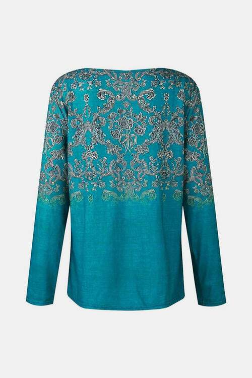 Printed Notched Long Sleeve T-Shirt Women's T-Shirts - Tophatter Daily Deals