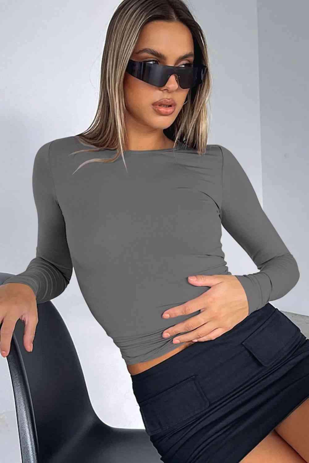 Round Neck Long-Sleeve Top Blouses - Tophatter Daily Deals