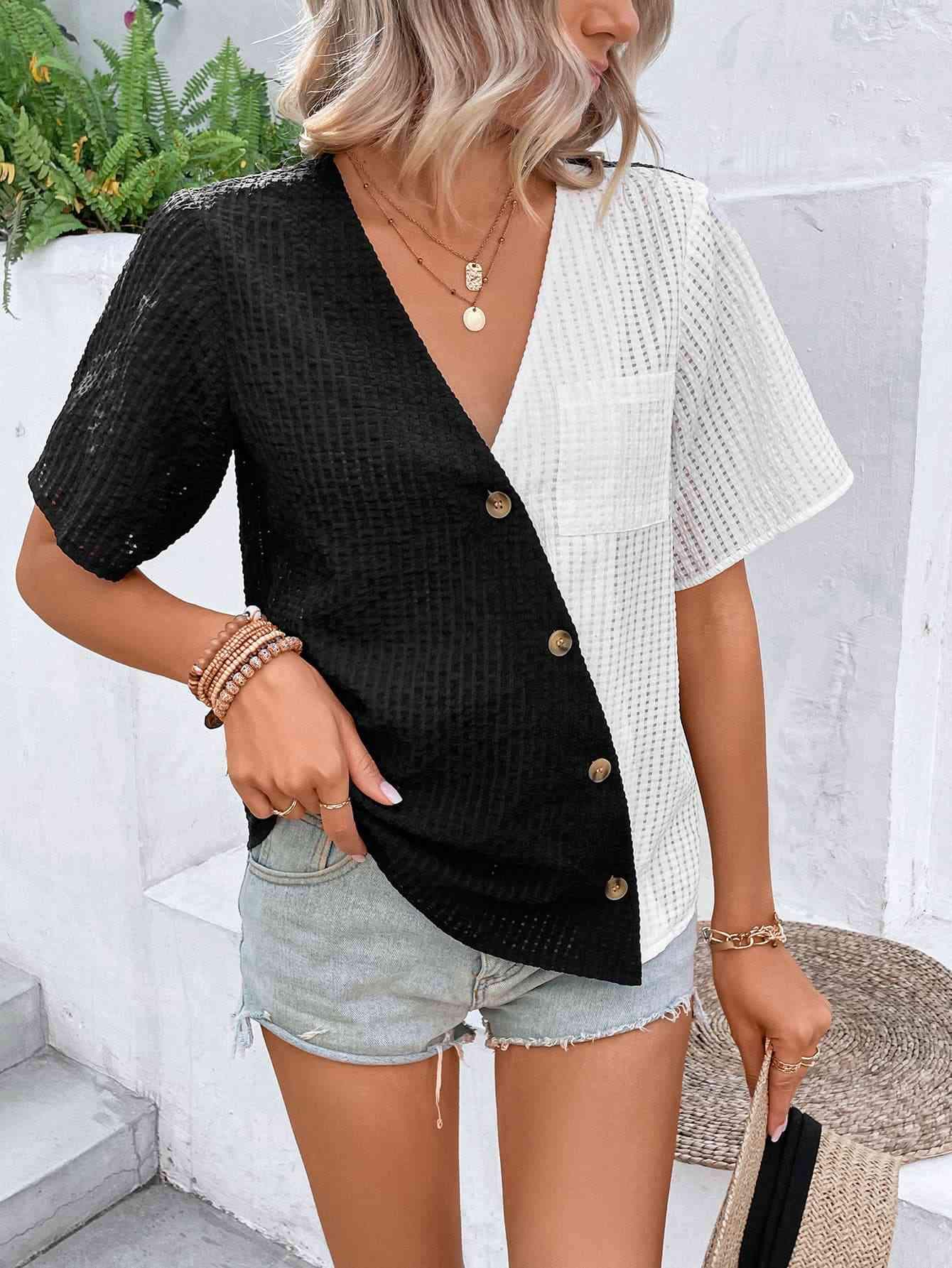 Two-Tone Buttoned Short Sleeve Top Blouses - Tophatter Daily Deals