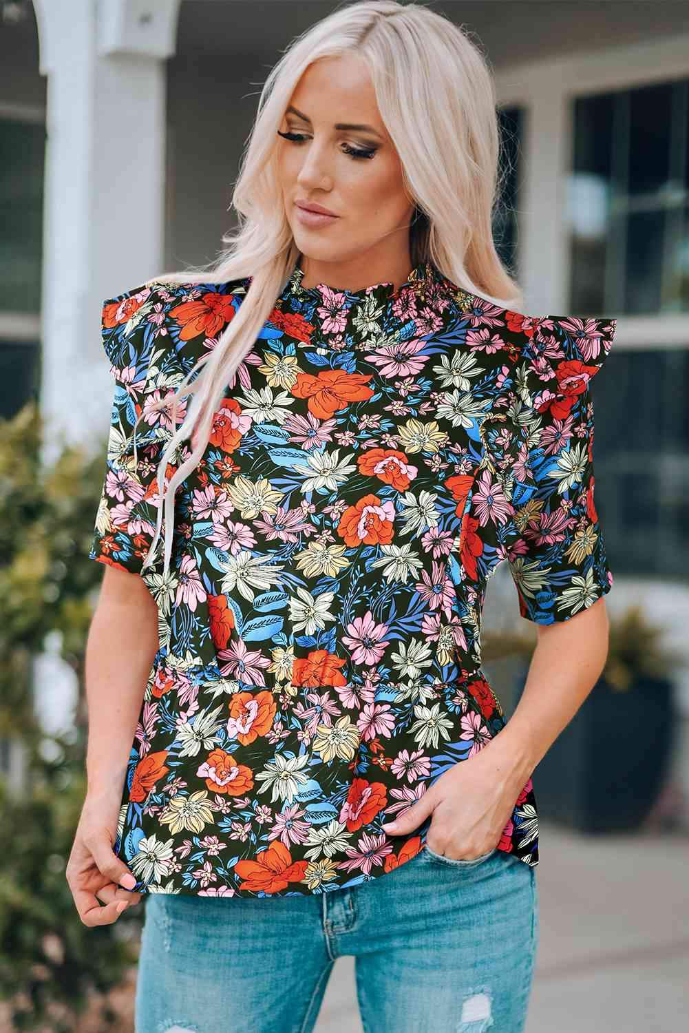 Floral Ruffle Shoulder Frill Neck Blouse Floral Blouses - Tophatter Daily Deals