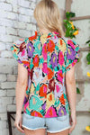 Multicolored Flutter Sleeve Mock Neck Blouse Blouses - Tophatter Daily Deals