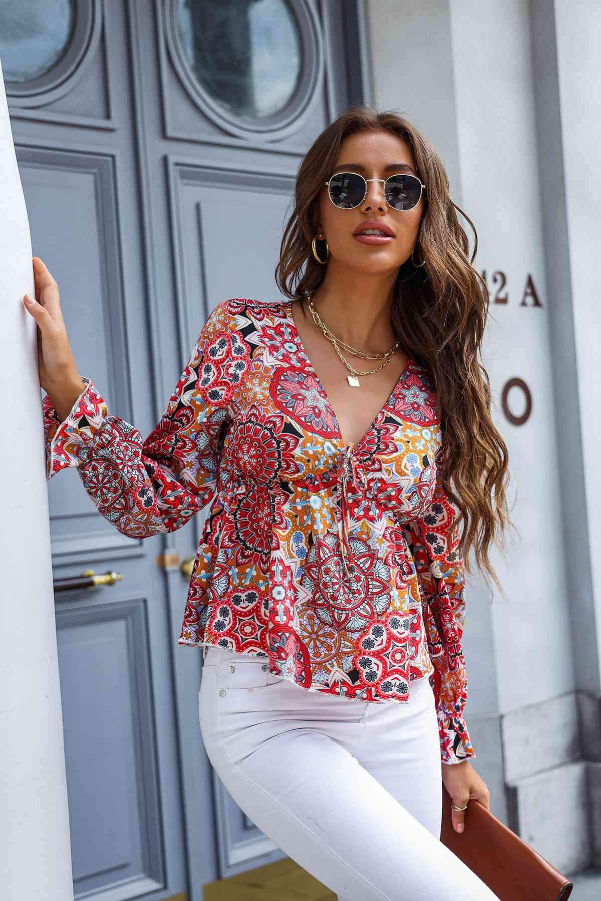 Printed Deep V Flounce Sleeve Blouse Blouses - Tophatter Daily Deals