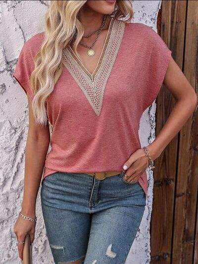 Heathered V-Neck Short Sleeve T-Shirt Burnt Coral Women's T-Shirts - Tophatter Daily Deals