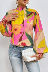 Floral Smocked Lantern Sleeve Mock Neck Blouse Blouses - Tophatter Daily Deals