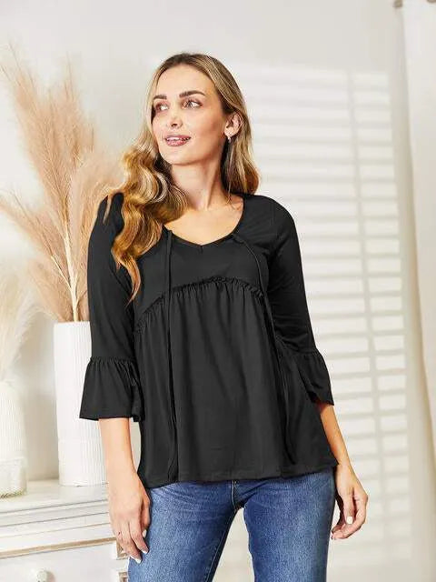 Ninexis Flounce Sleeve Full Size Babydoll Blouse Black Blouses - Tophatter Daily Deals