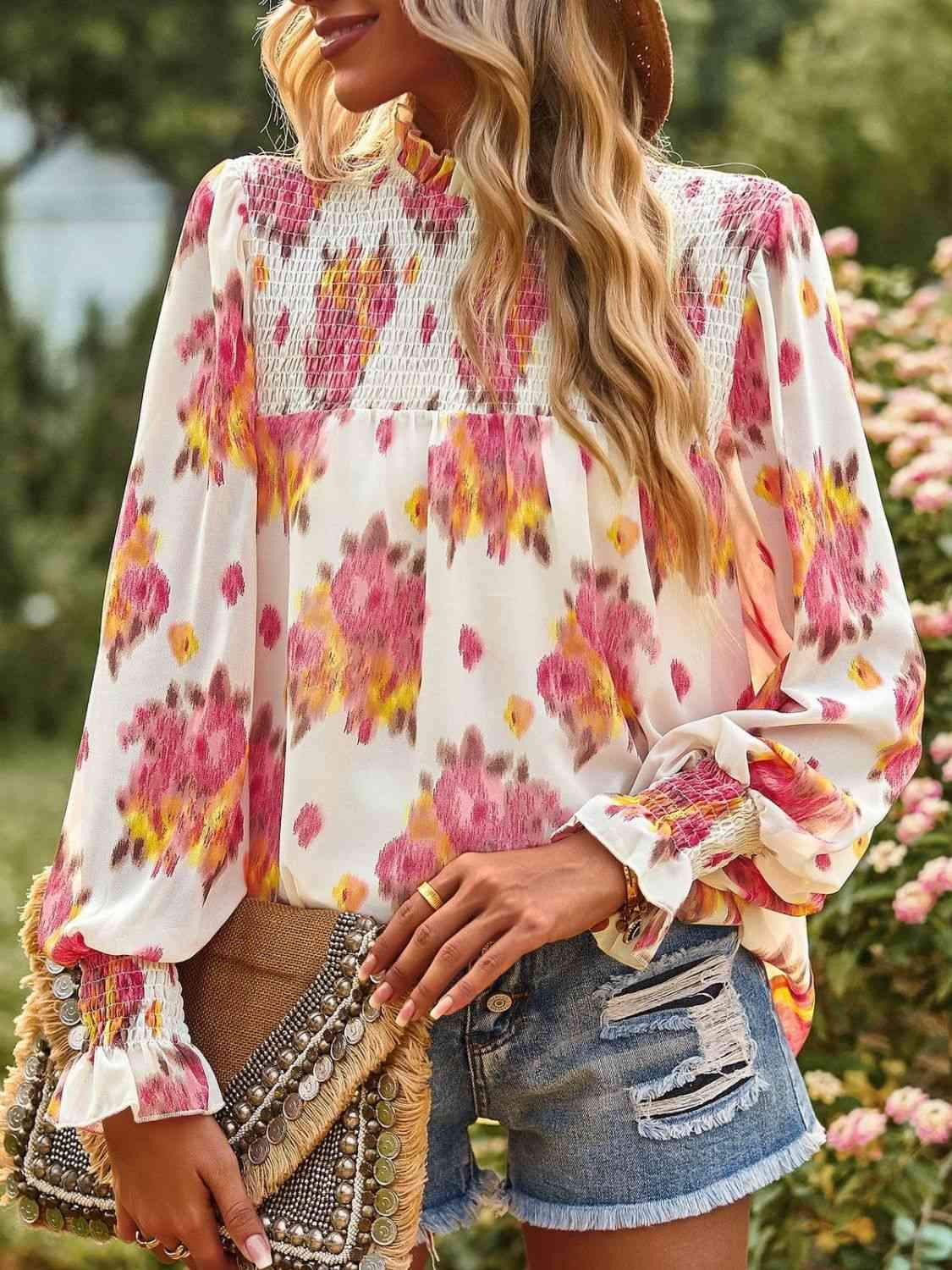 Floral Smocked Lantern Sleeve Blouse Blouses - Tophatter Daily Deals