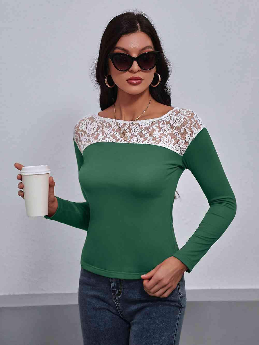 Lace Trim Long Sleeve Round Neck Tee Women's T-Shirts - Tophatter Daily Deals