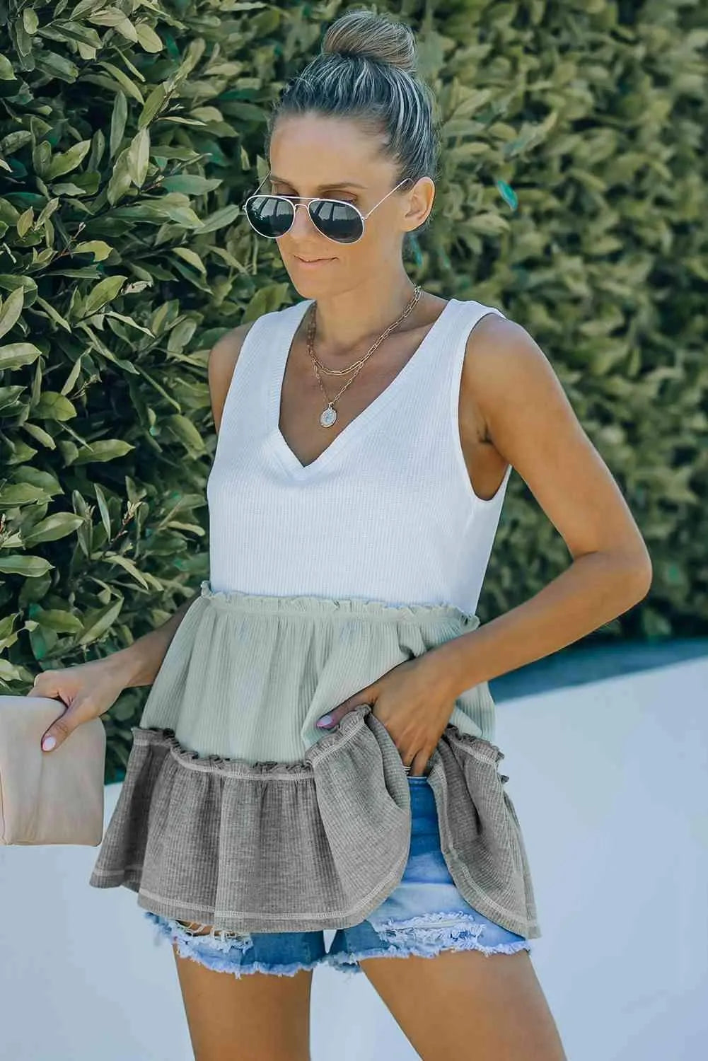 Tricolor Frill Trim V-Neck Sleeveless Top Green Blouses - Tophatter Daily Deals