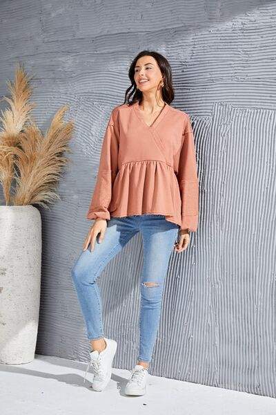 V-Neck Exposed Seams Balloon Sleeve Top Blouses - Tophatter Daily Deals