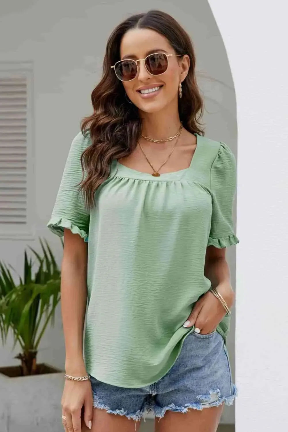 Frill Trim Puff Sleeve Square Neck Blouse Gum Leaf Blouses - Tophatter Daily Deals