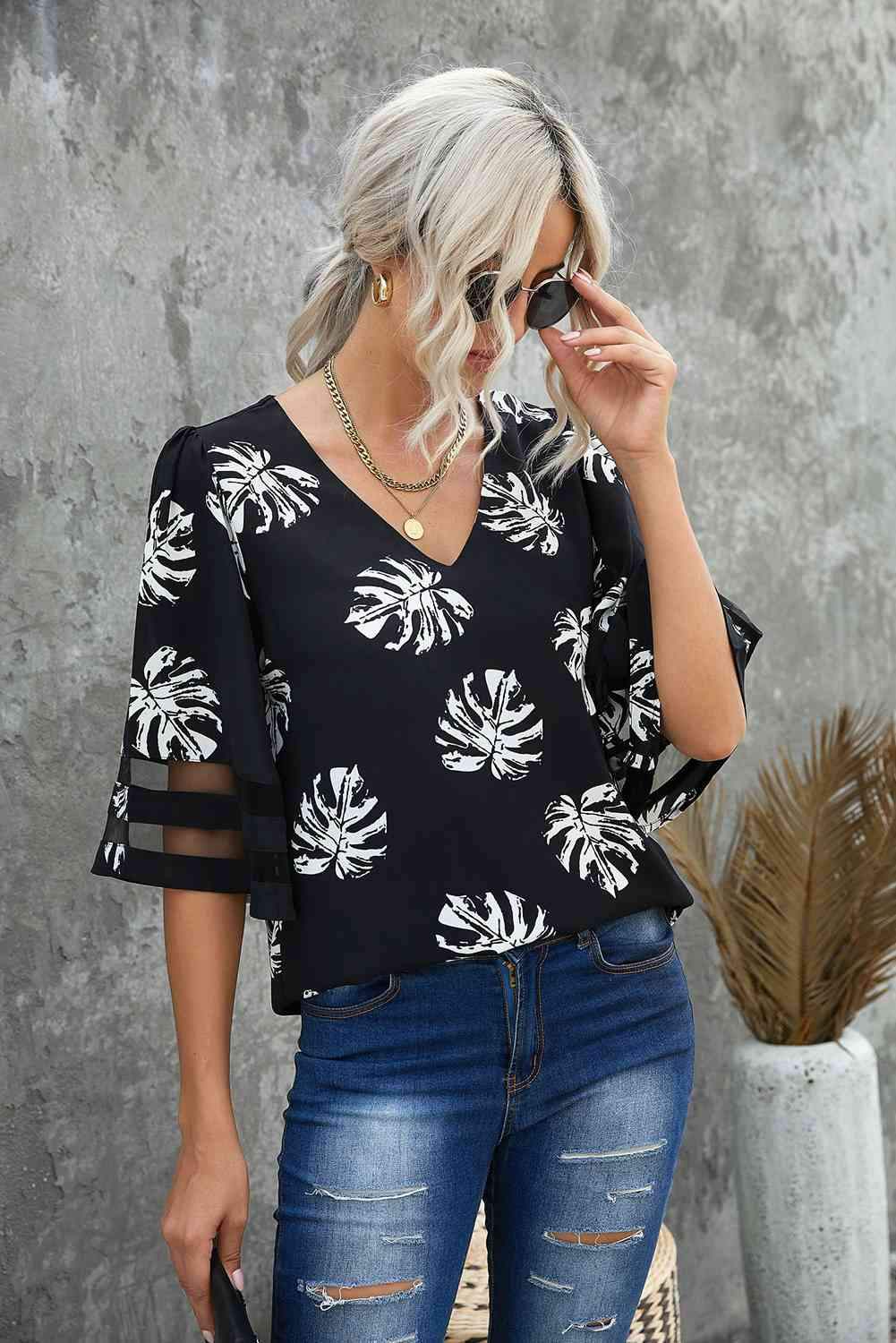 Botanical Print V-Neck Puff Sleeve Blouse Black Blouses - Tophatter Daily Deals