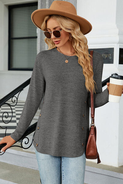 Decorative Button Round Neck T-Shirt Women's T-Shirts - Tophatter Daily Deals