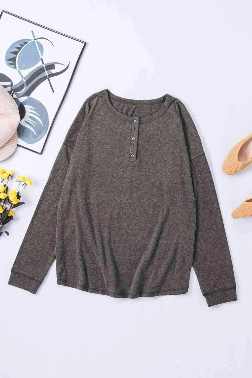 Long Sleeve Henley Top Dark Gray Blouses - Tophatter Daily Deals