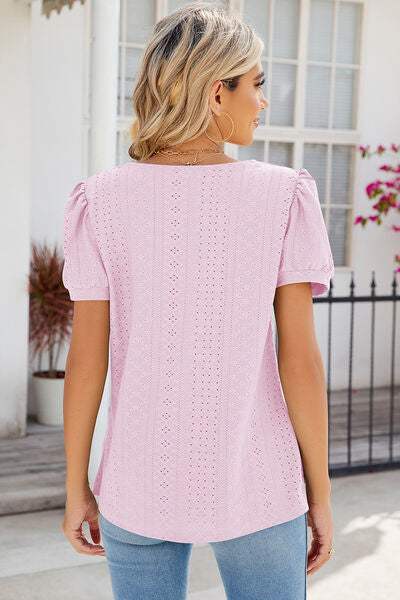 Eyelet Puff Sleeve T-Shirt Women's T-Shirts - Tophatter Daily Deals