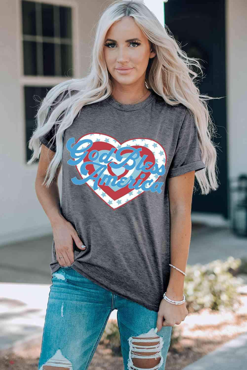 GOD BLESS AMERICA Heart Graphic T-Shirt Women's T-Shirts - Tophatter Daily Deals