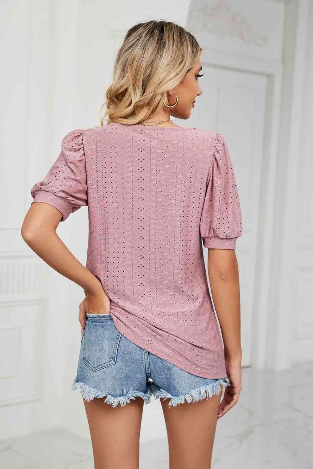 Eyelet Puff Sleeve Round Neck Top Blouses - Tophatter Daily Deals