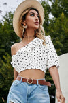Polka Dot One-Shoulder Ruffled Crop Top Blouses - Tophatter Daily Deals