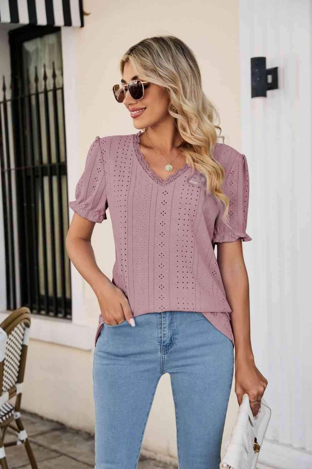 Eyelet Flounce Sleeve Scalloped V-Neck Top Moonlit Mauve Blouses - Tophatter Daily Deals