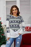 Geometric Round Neck Long Sleeve T-Shirt French Blue Women's T-Shirts - Tophatter Daily Deals