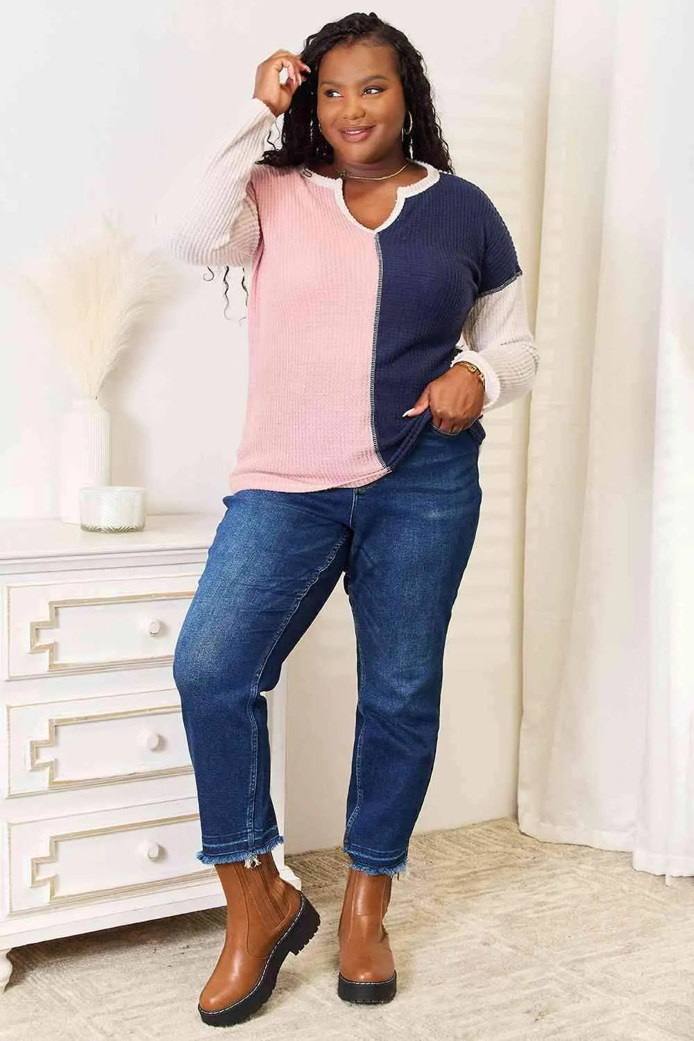 Heimish Full Size Solid Color Block Contrast Top Blouses - Tophatter Daily Deals