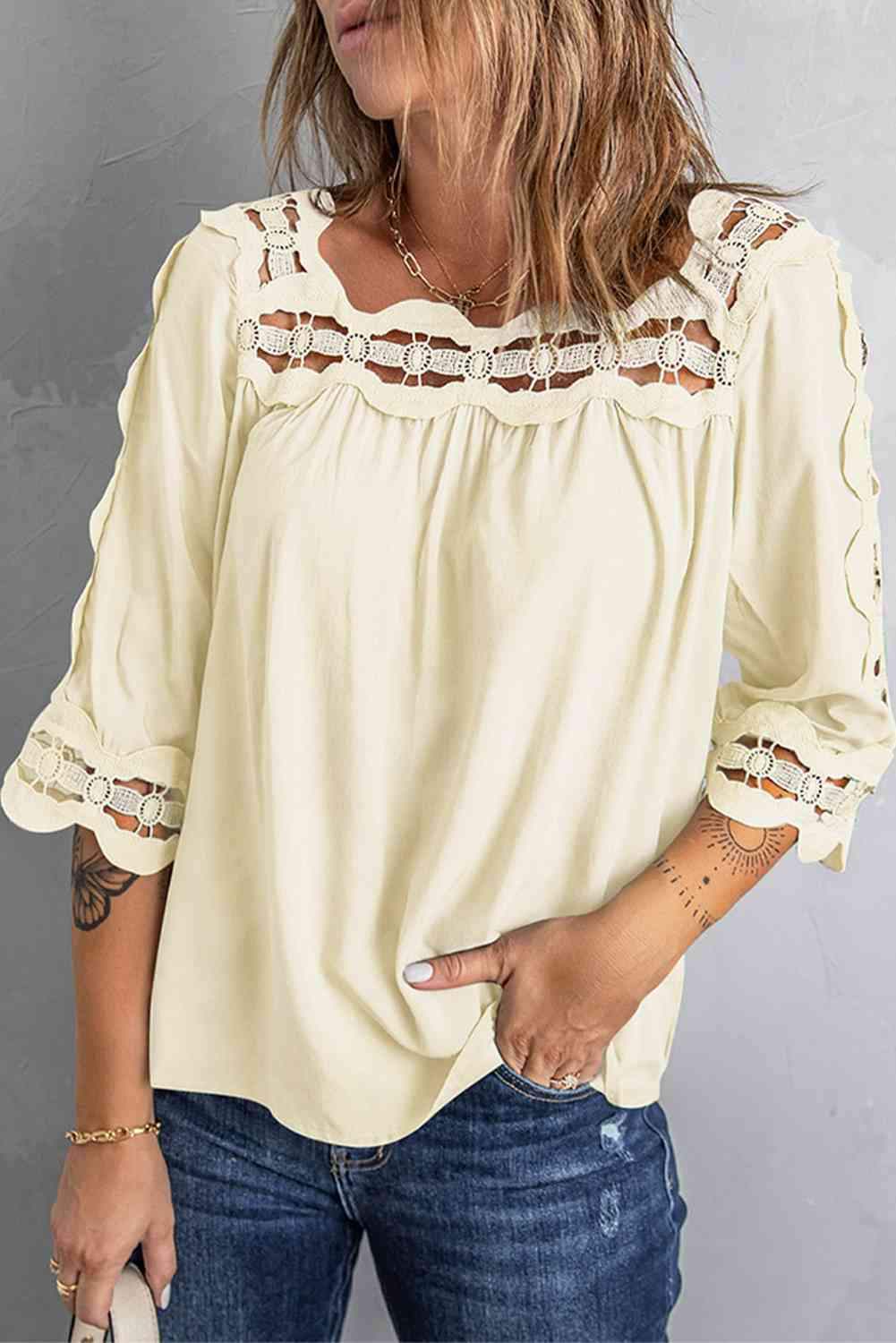 Crochet Openwork Three-Quarter Sleeve Blouse Blouses - Tophatter Daily Deals