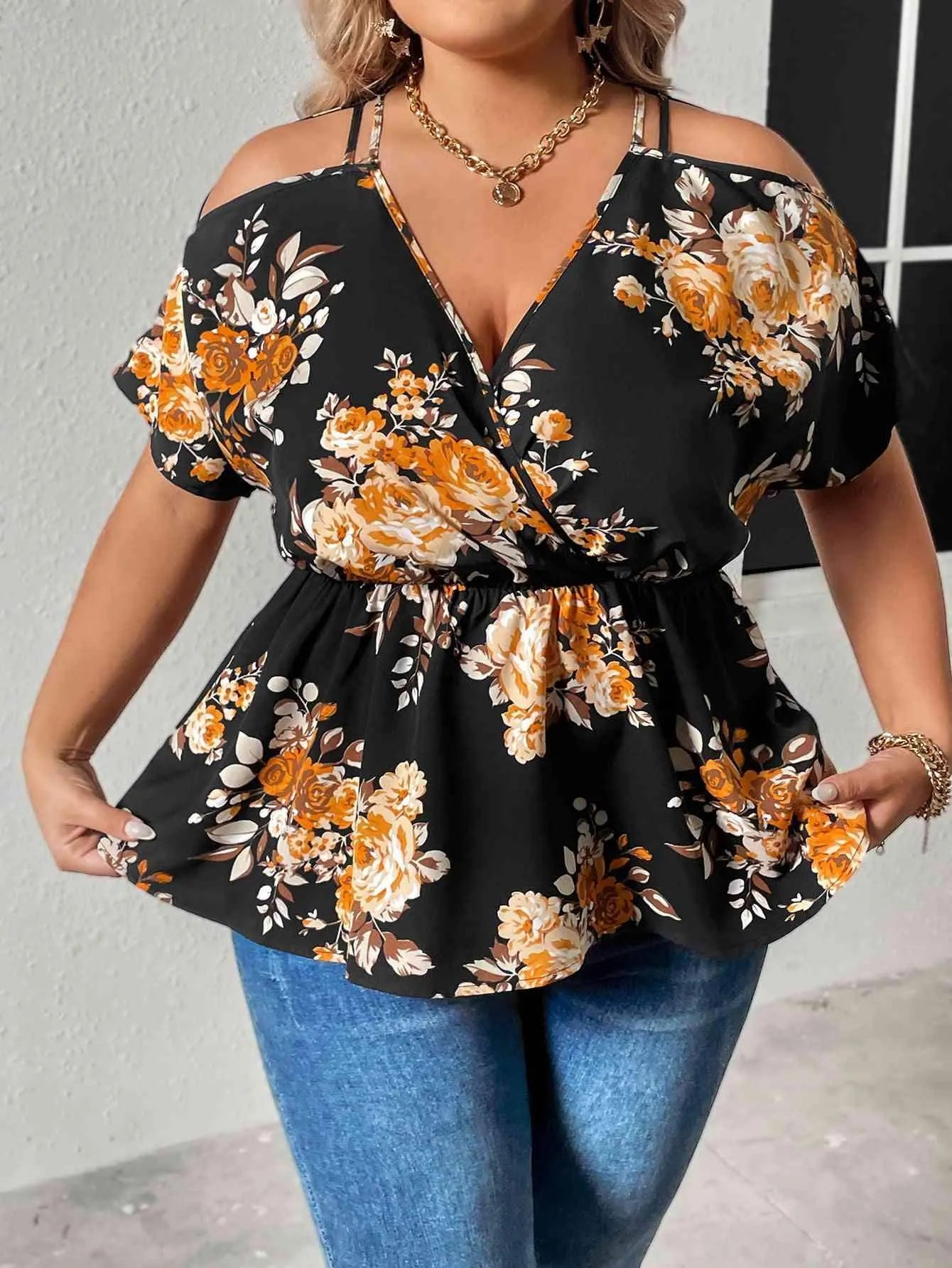 Plus Size Floral Print Cold Shoulder Surplice Neck Blouse Blouses - Tophatter Daily Deals