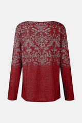 Printed Notched Long Sleeve T-Shirt Women's T-Shirts - Tophatter Daily Deals