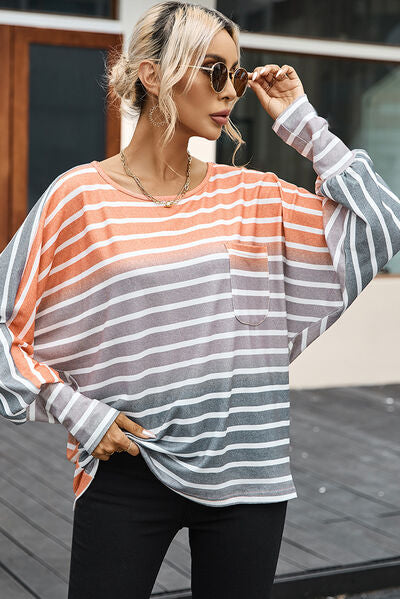 Pocketed Striped Round Neck Batwing Sleeve T-Shirt Women's T-Shirts - Tophatter Daily Deals