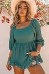 Smocked Three-Quarter Sleeve Peplum Blouse Green XL Blouses - Tophatter Daily Deals