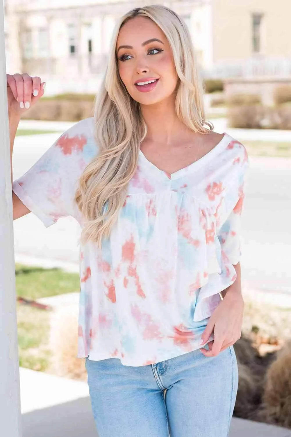 Tie-Dye V-Neck Tie Back Top Blouses - Tophatter Daily Deals