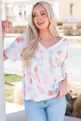 Tie-Dye V-Neck Tie Back Top Blouses - Tophatter Daily Deals
