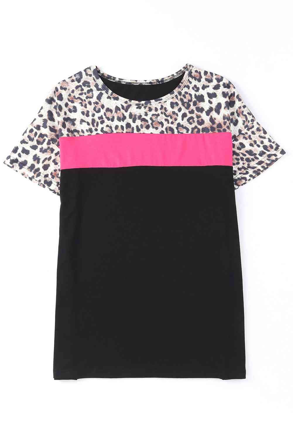 Leopard Color Block Short Sleeve Tee Women's T-Shirts - Tophatter Daily Deals