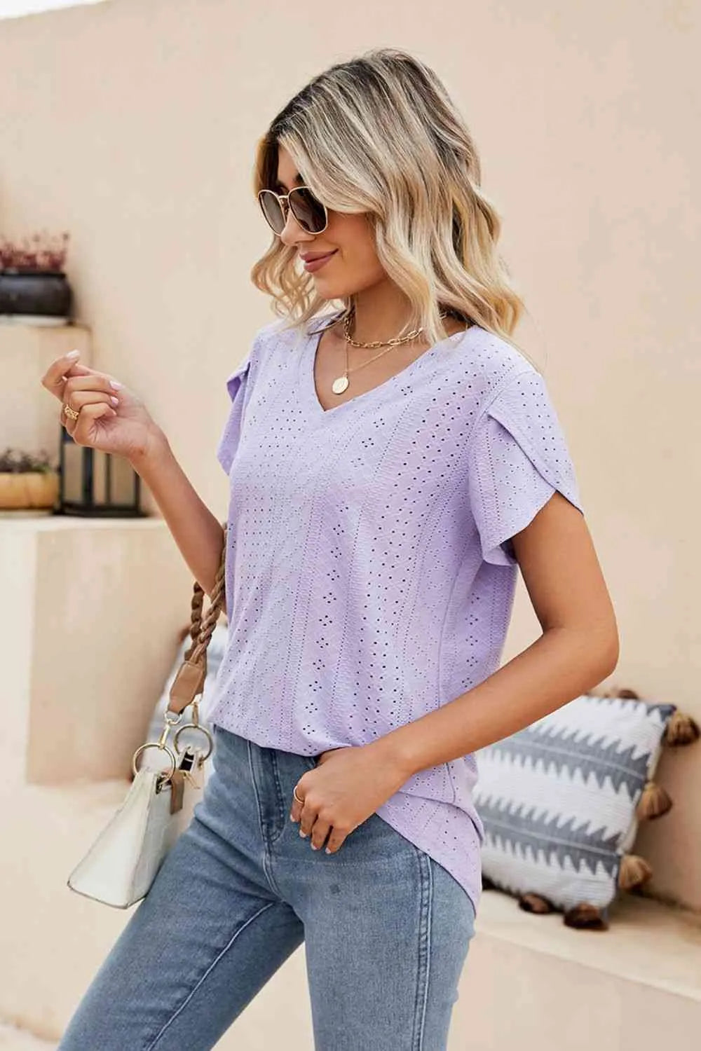 Eyelet Petal Sleeve V-Neck Knit Top Blouses - Tophatter Daily Deals