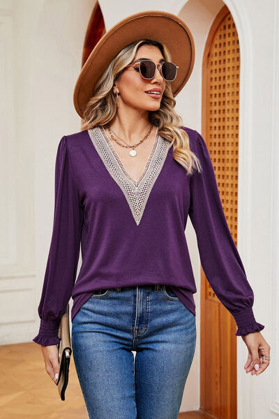 Lace Detail V-Neck Lantern Sleeve T-Shirt Women's T-Shirts - Tophatter Daily Deals