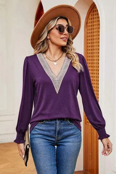 Lace Detail V-Neck Lantern Sleeve T-Shirt Women's T-Shirts - Tophatter Daily Deals