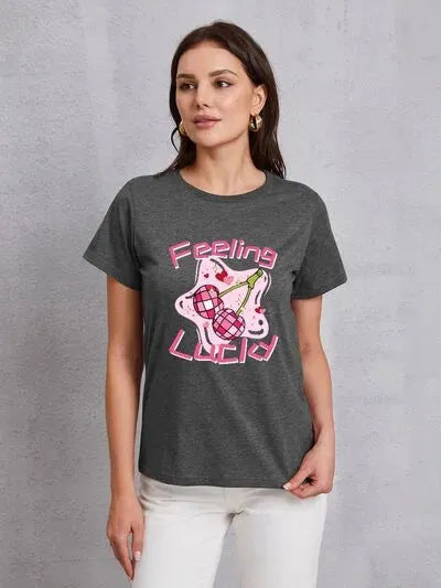 FEELING LUCKY Round Neck Short Sleeve T-Shirt Charcoal Women's T-Shirts - Tophatter Daily Deals