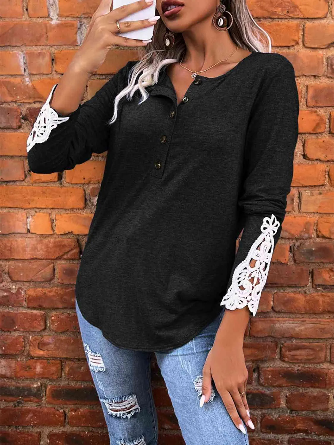 Half Button Lace Detail T-Shirt Women's T-Shirts - Tophatter Daily Deals