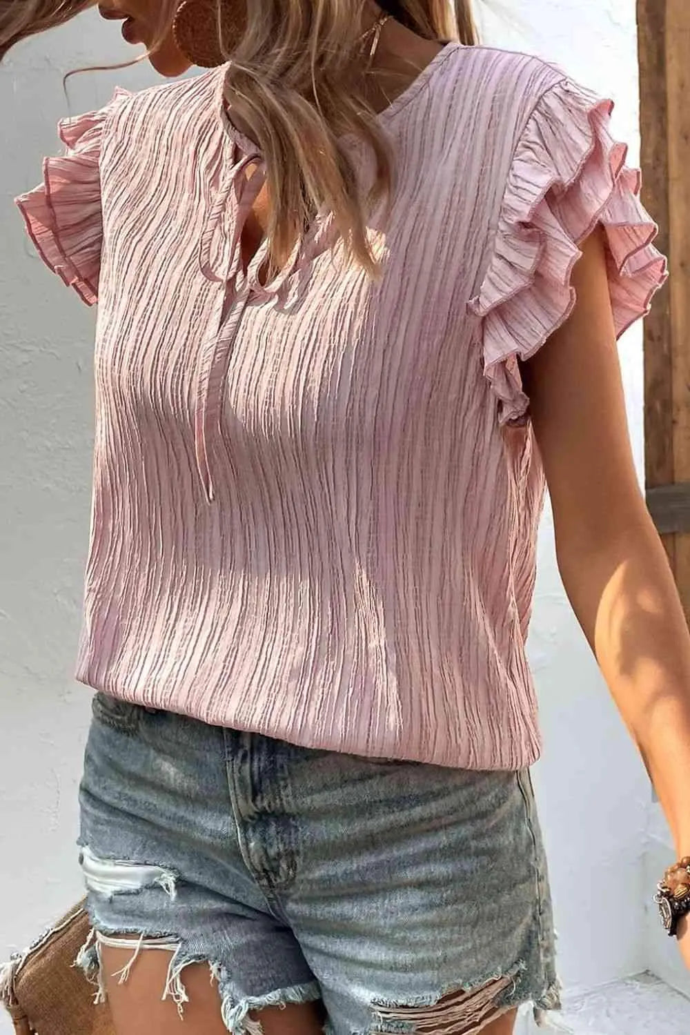 Textured Tie Neck Butterfly Sleeve Blouse Blouses - Tophatter Daily Deals