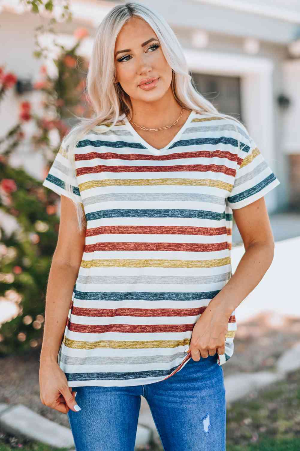 Striped V-Neck Short Sleeve Tee Stripe Women's T-Shirts - Tophatter Daily Deals