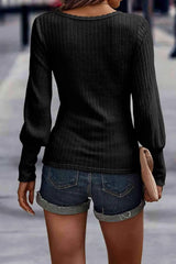 Ribbed Round Neck Lantern Sleeve Blouse Blouses - Tophatter Daily Deals