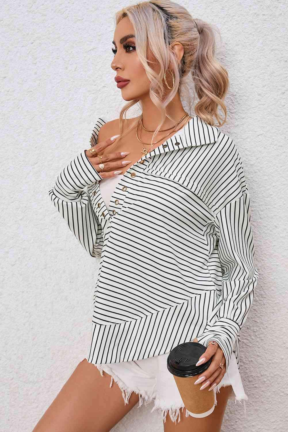 Full Size Striped Collared Top Blouses - Tophatter Daily Deals