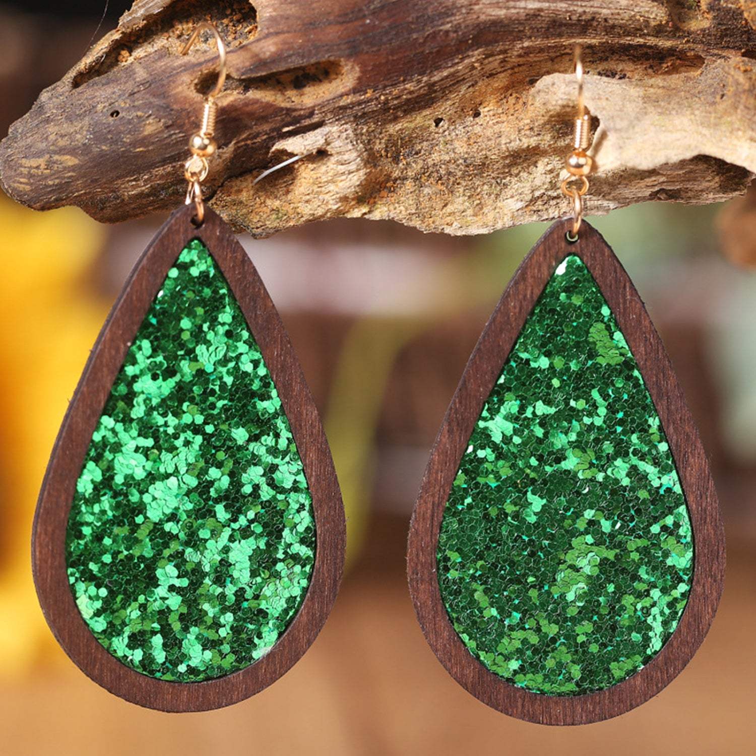 Sequin Wood Teardrop Earrings Mid Green One Size Earrings - Tophatter Daily Deals