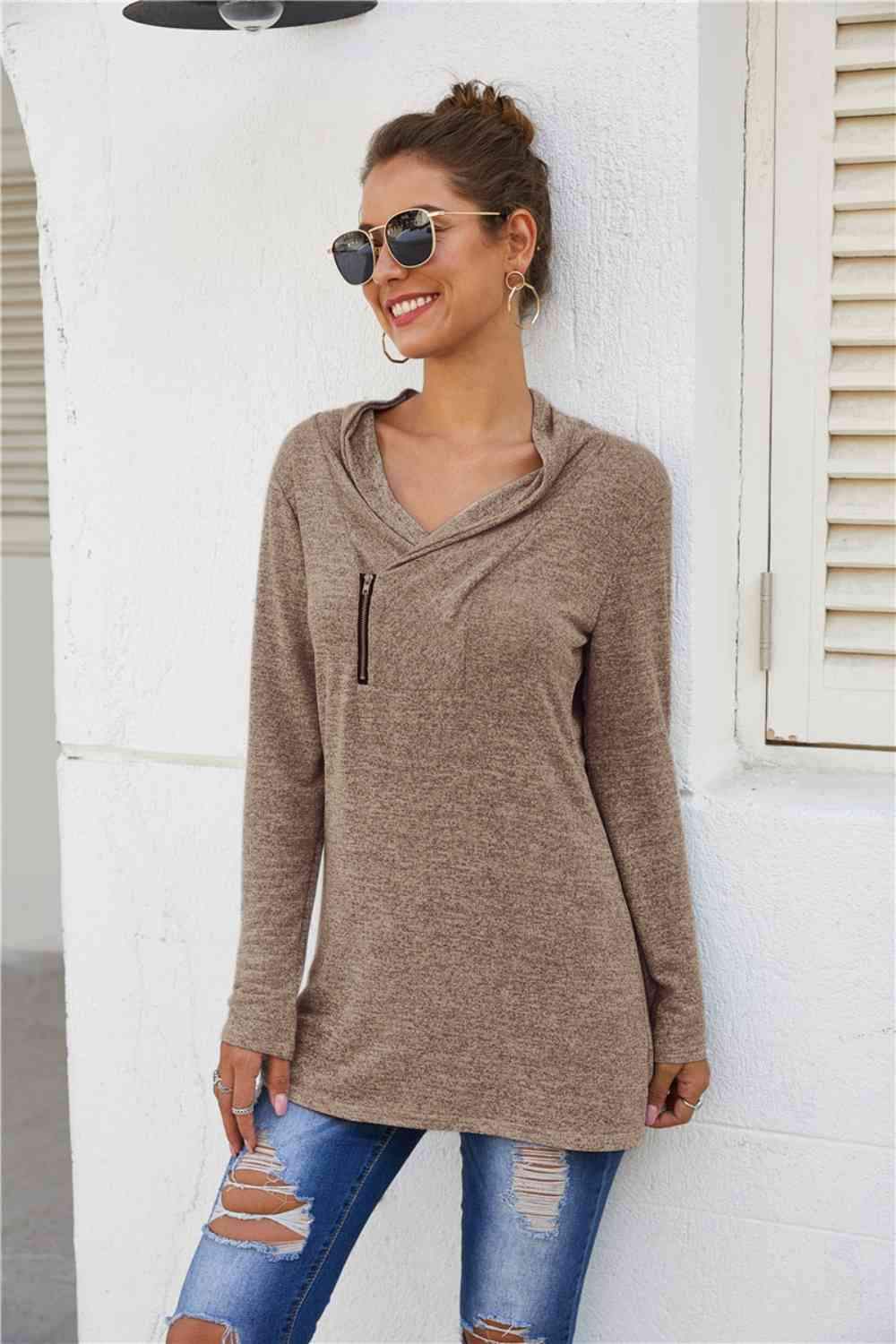 Zip Detail Long Sleeve Top Blouses - Tophatter Daily Deals